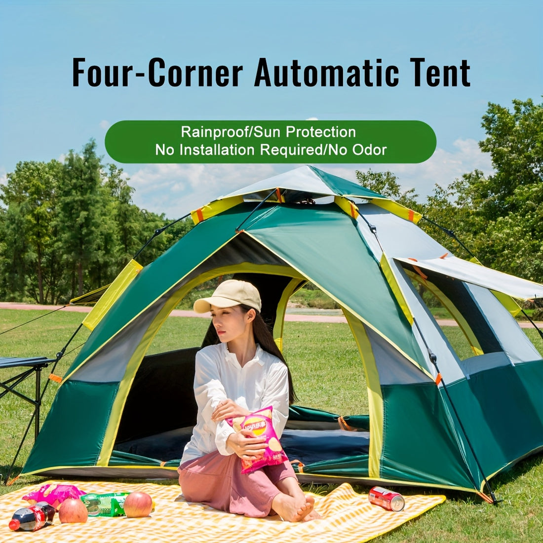 Automatic Instant Setup Camping Tent for 1-4 Persons, Windproof All-Season with Double Doors