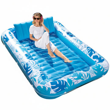 Extra Large Inflatable Tanning Pool Lounger Float with Pillow, 85x57 in, 4-in-1 Suntan Raft, Blue