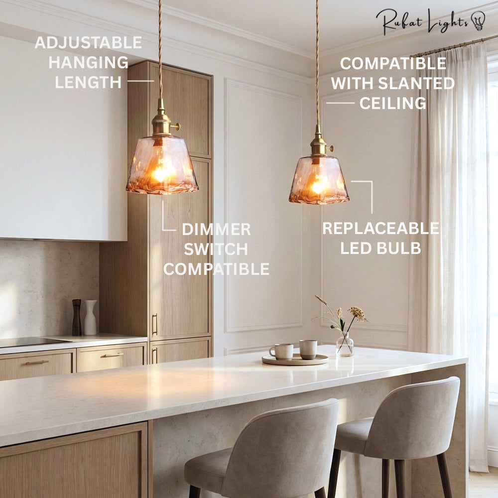 Brass amber glass pendant light modern dining room kitchen island bar — pot cone dish cube