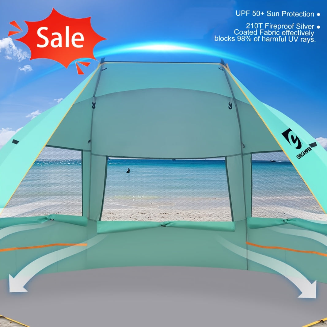 3-Person Beach Tent Sun Shelter UPF 50+ with Waterproof PE Floor & Mesh Windows