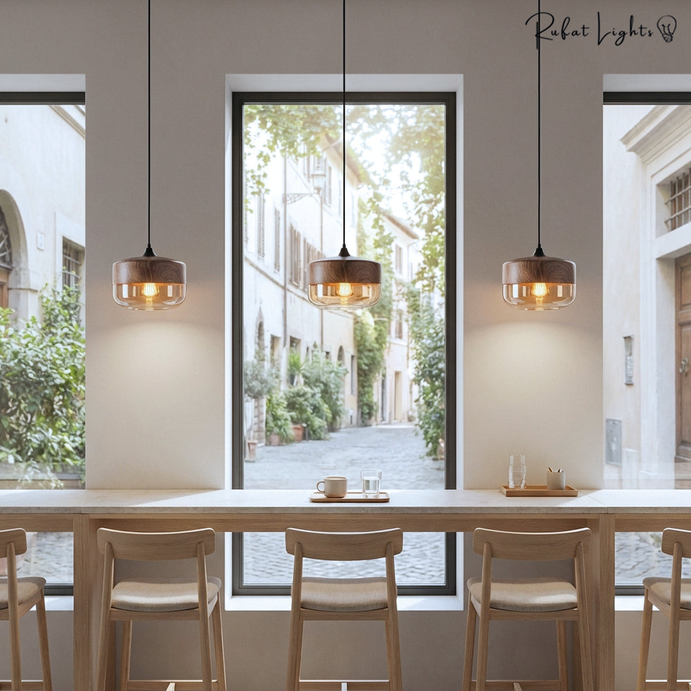 Wood color glass LED pendant lamp minimalist dining room bedroom kitchen — 4 styles