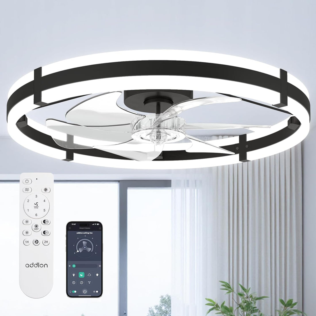 Small flush mount ceiling fan fandelier 3000-6000K dimmable LED remote bedroom kitchen — black white crystal 20 to 24 inch