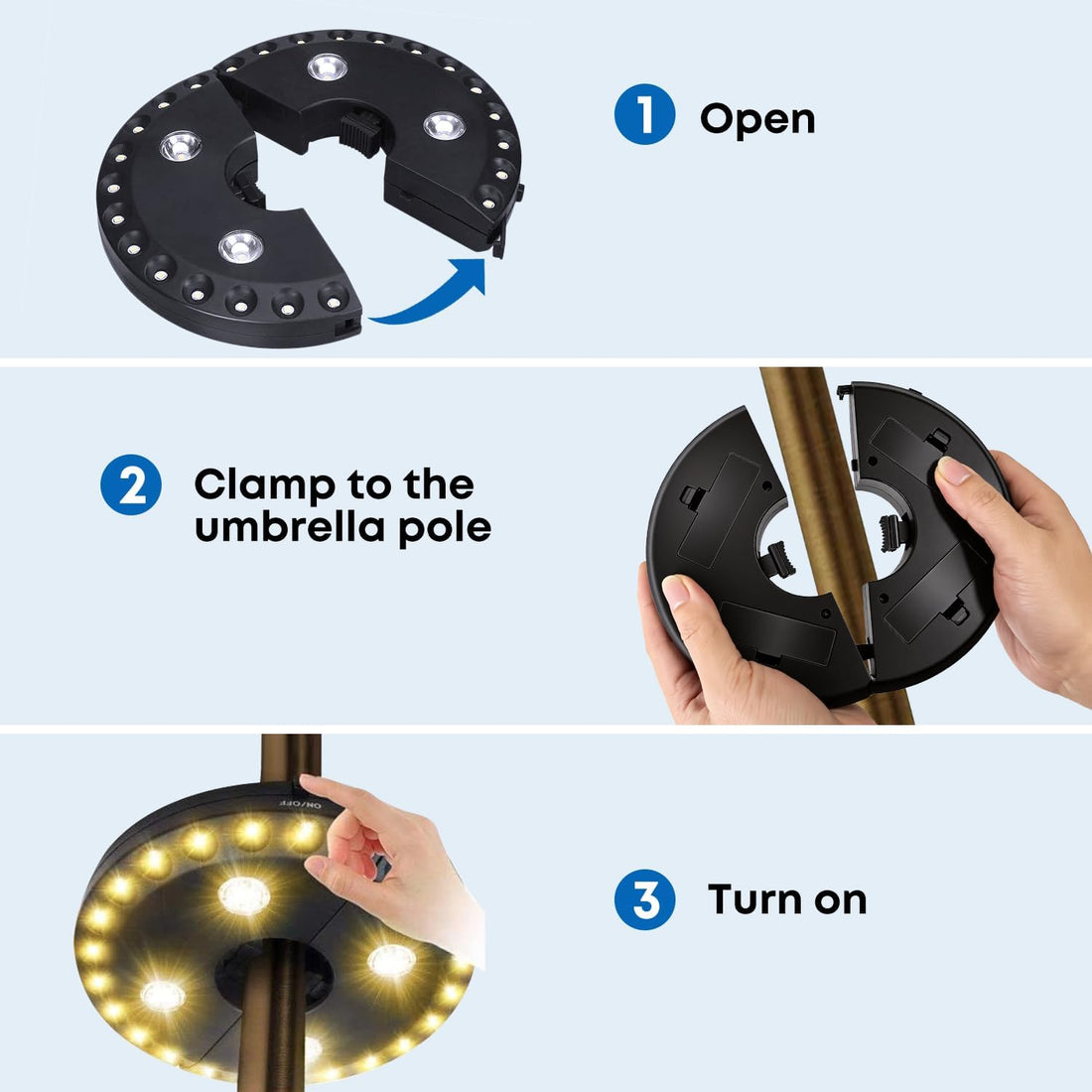 Solar patio umbrella light clamp-on warm white waterproof outdoor — 1 and 2-pack