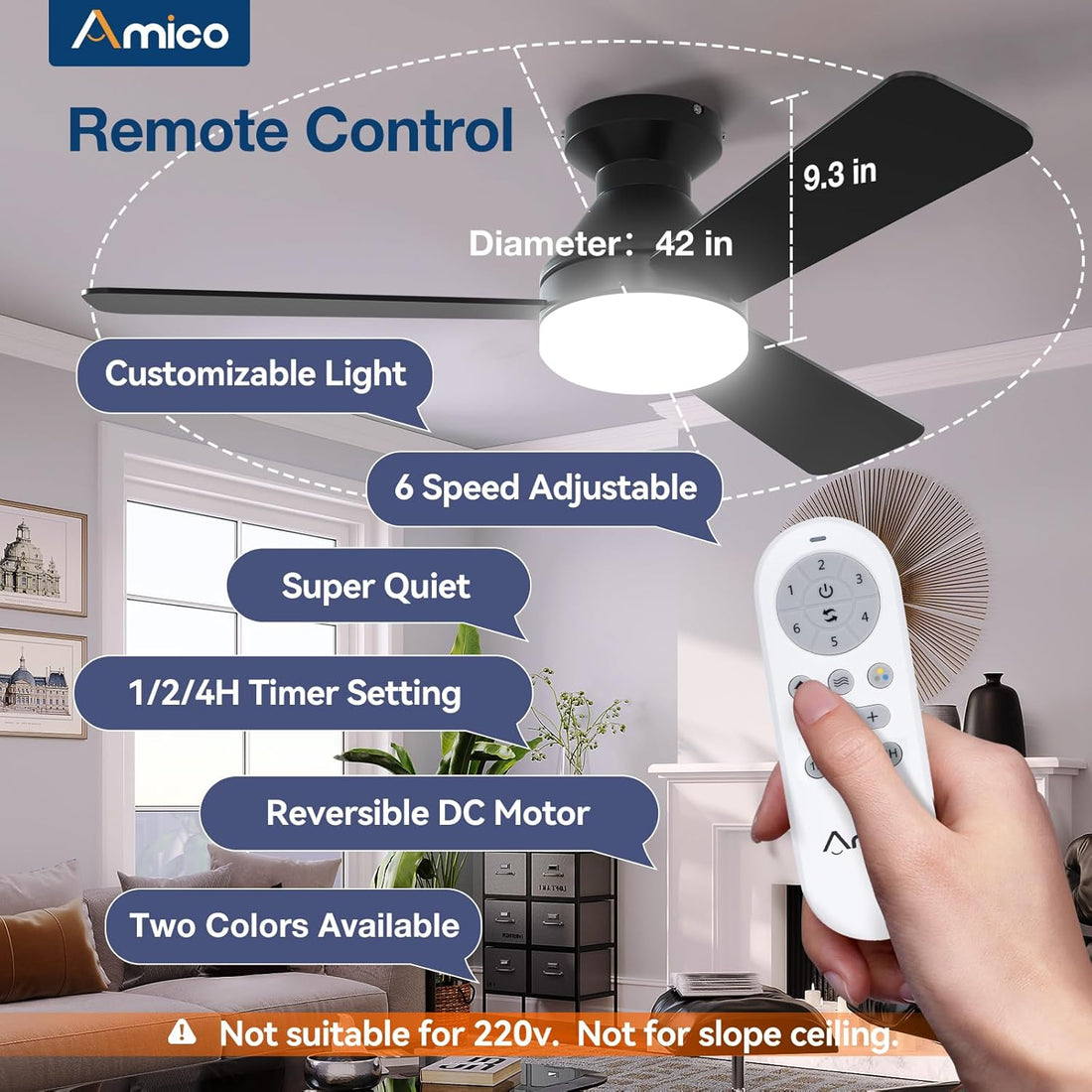 Flush mount ceiling fan 3CCT dimmable LED remote indoor outdoor noiseless — black nickel white 30 to 52 inch