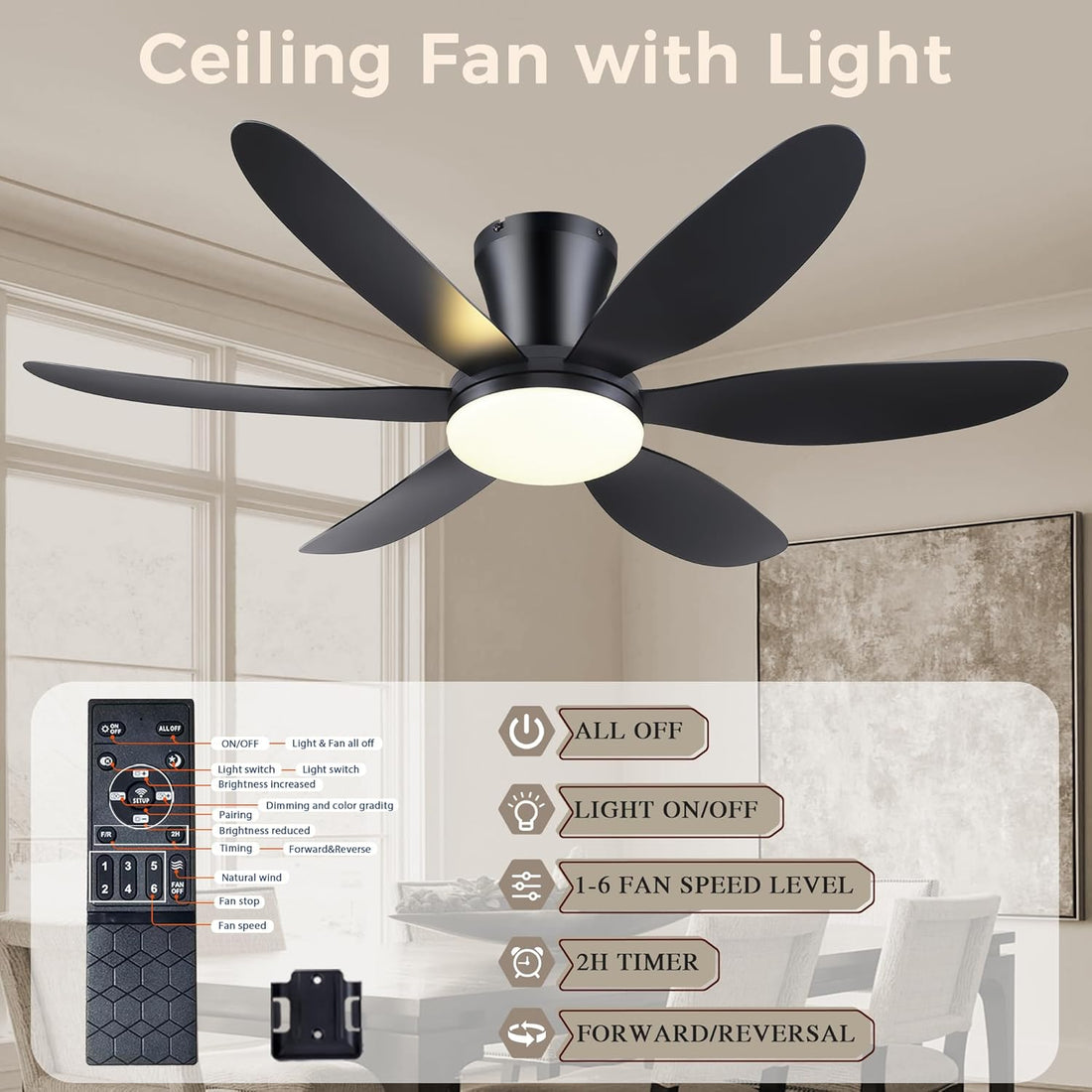 Low profile flush mount ceiling fan LED dimmable remote noiseless bedroom — black white gold 36 to 46 inch