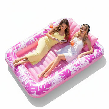 Inflatable Tanning Pool Lounger Float with Pillow, 4-in-1 Suntan Tub Raft, Hot Pink