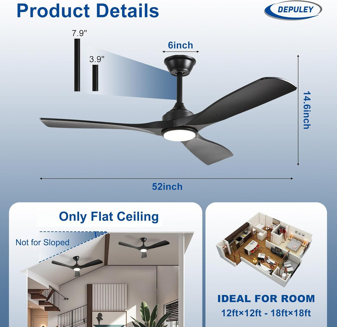 Ceiling fan with LED light 6-speed DC motor indoor outdoor remote dimmable — black walnut 42 to 52 inch
