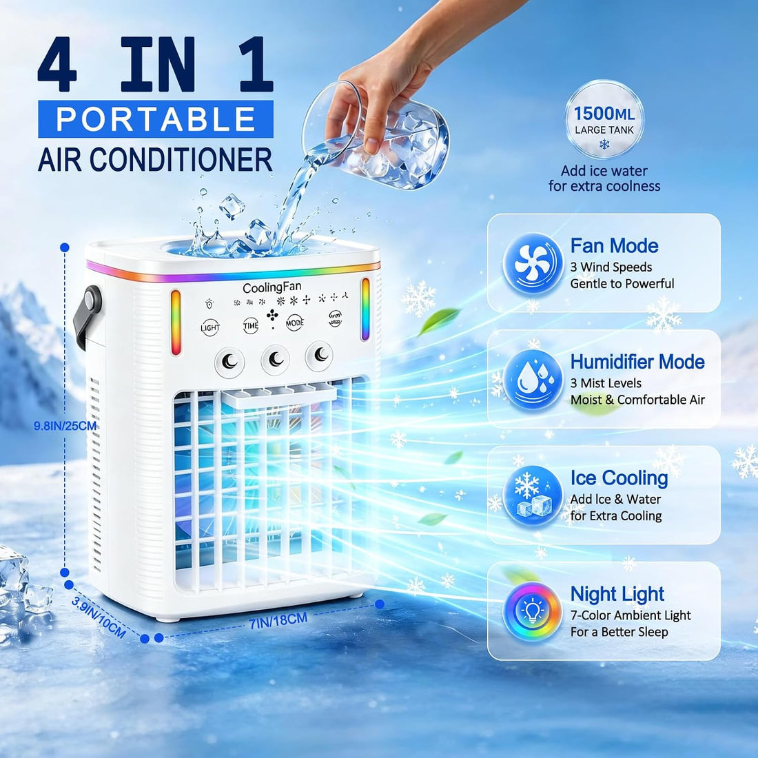 Portable Mini Air Cooler — 1500ml Tank, 3 Speeds, 3 Mist Modes, 7-Color LED for Car, Office & Travel