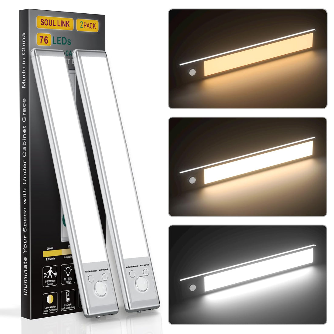 Under cabinet lights 76 LED motion sensor USB rechargeable magnetic dimmable 2-pack 9.5 inch