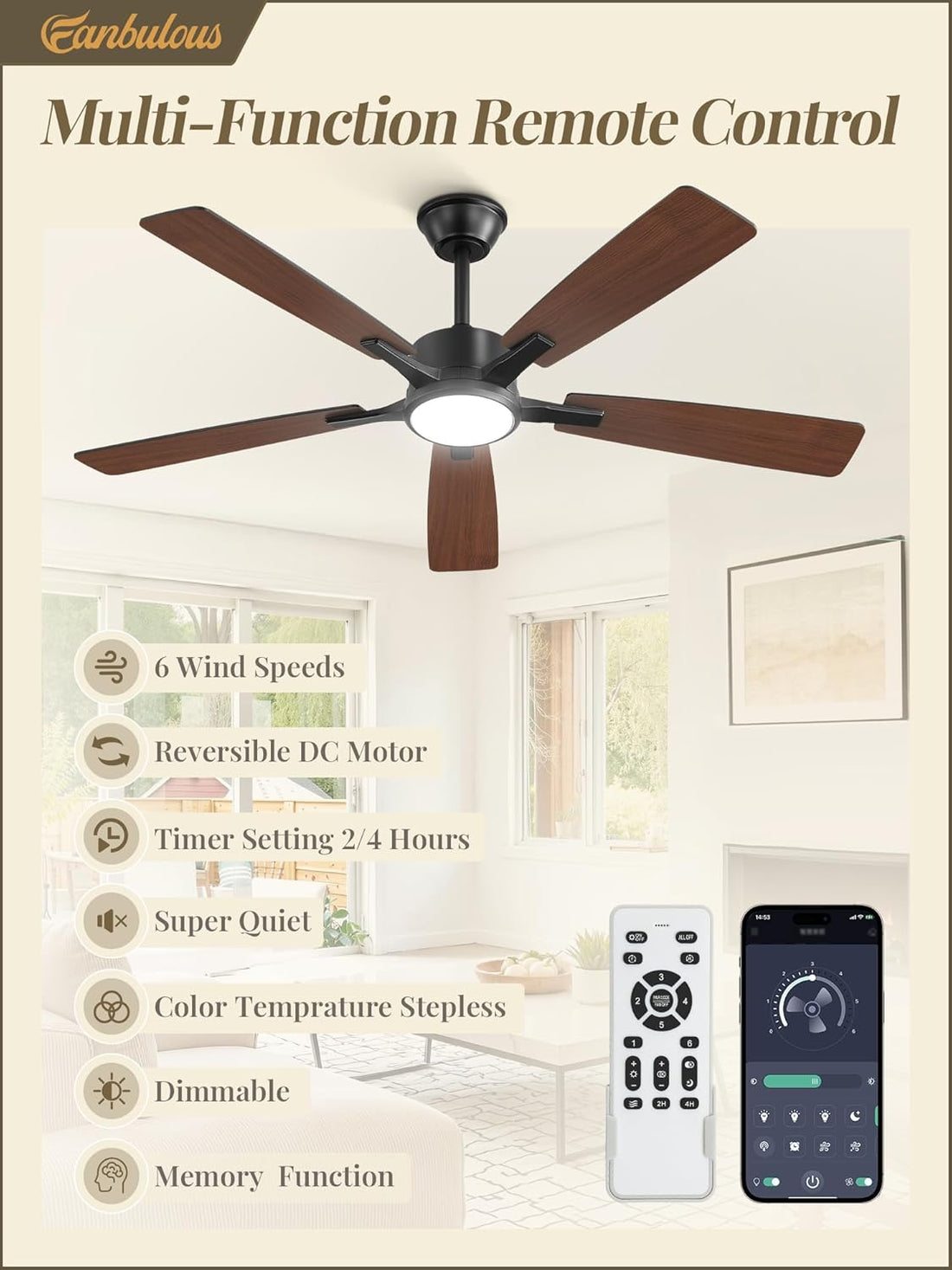 6-speed DC motor ceiling fan stepless color temperature dimmable 20W LED bedroom — black bronze gold 42 to 60 inch