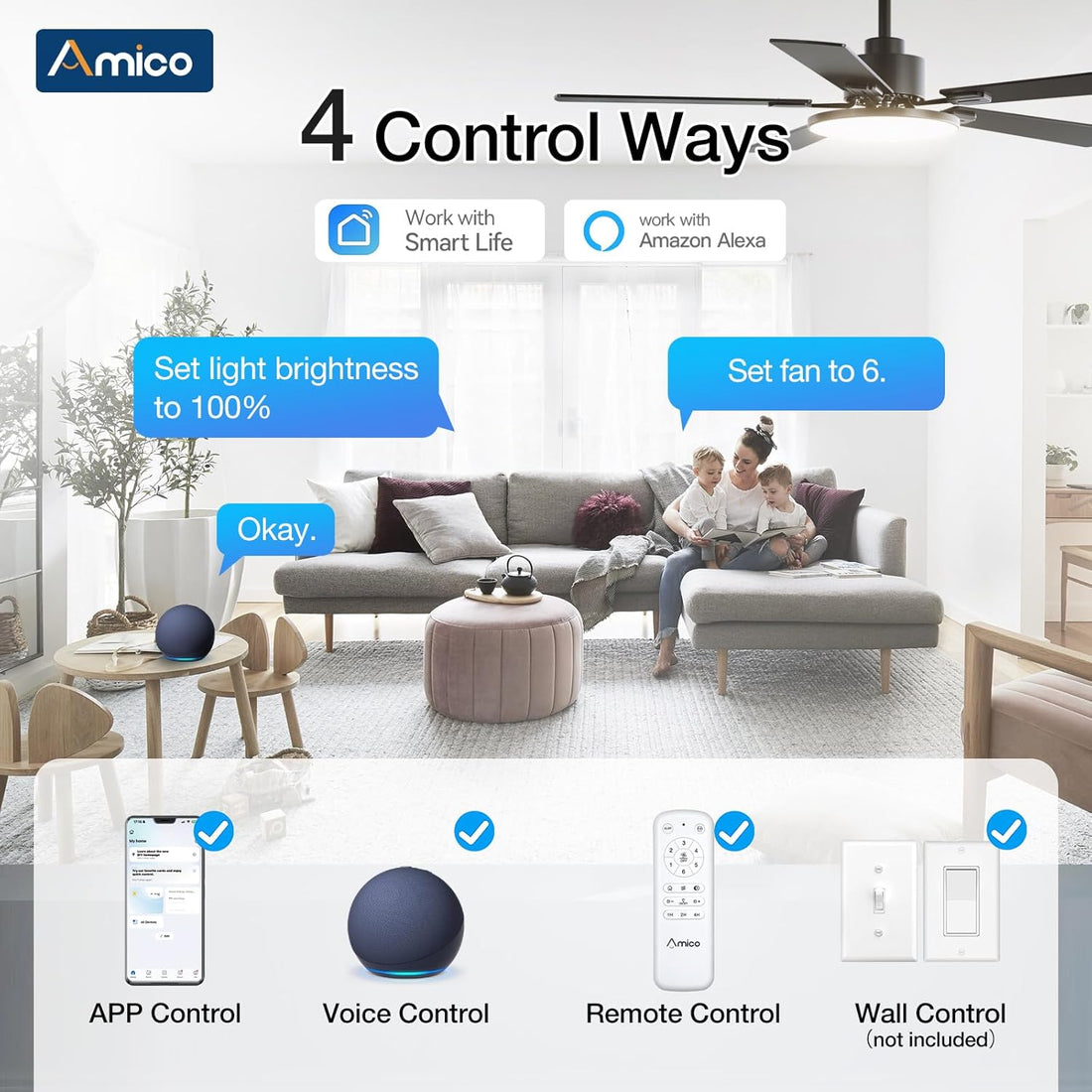 Smart WiFi ceiling fan app Alexa Google control 3CCT dimmable LED 6-speed DC motor — black white 52 to 60 inch