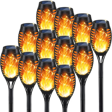 Solar LED torch pathway lights flame effect warm amber outdoor garden — 4, 6, 8 and 12-pack