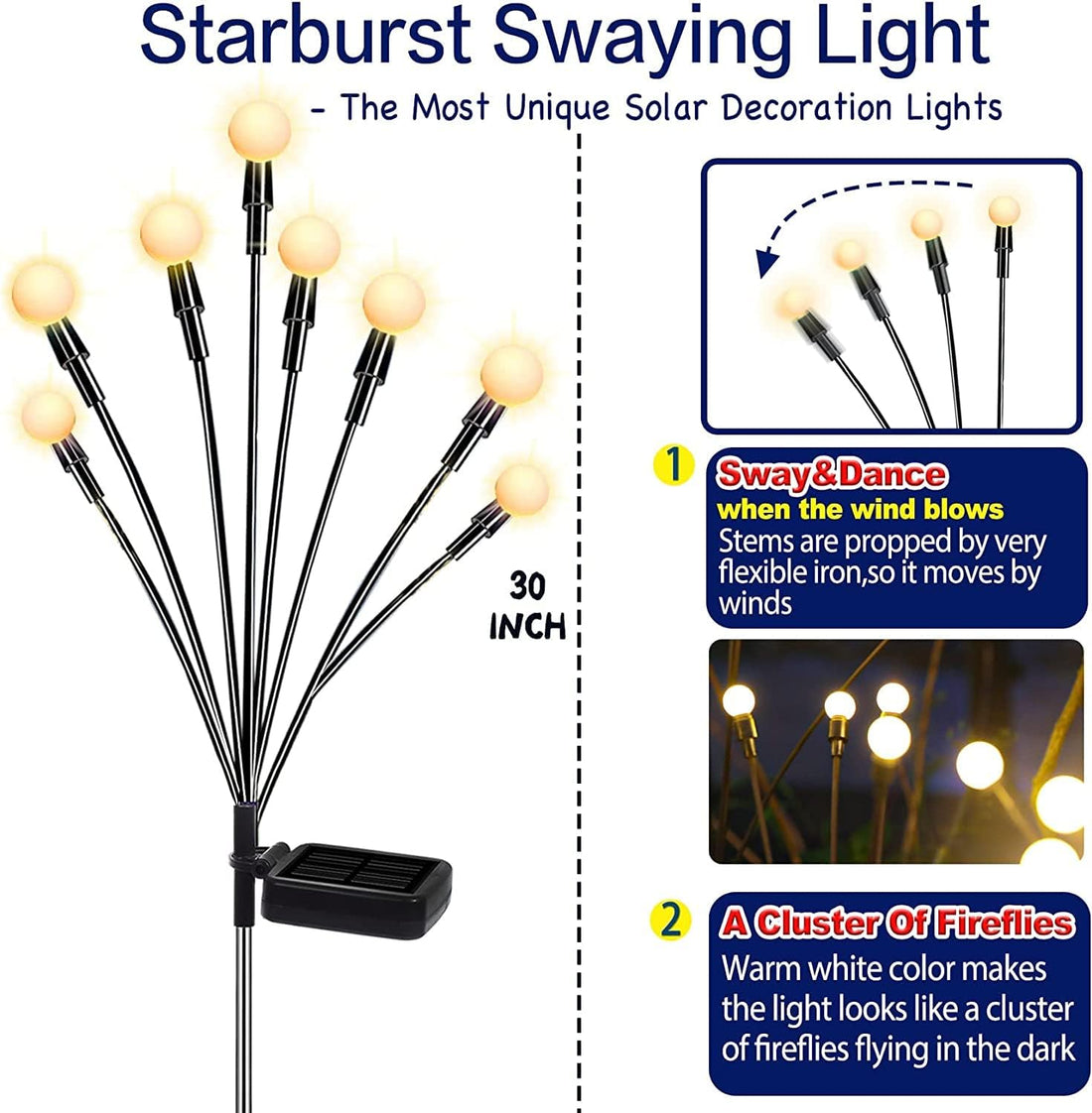 Solar firefly swaying garden lights warm white iron wire stake outdoor — 2, 4, 6, 8 and 12-pack
