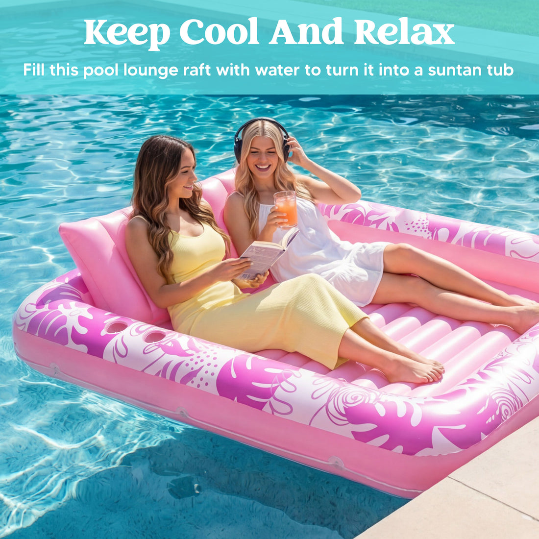 Inflatable Tanning Pool Lounger Float with Pillow, 4-in-1 Suntan Tub Raft, Hot Pink