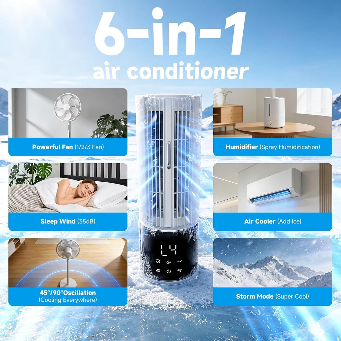 Evaporative Cooling Tower Fan with Mist Humidifier — 3 Speeds, Oscillating, Remote for Bedroom & Office