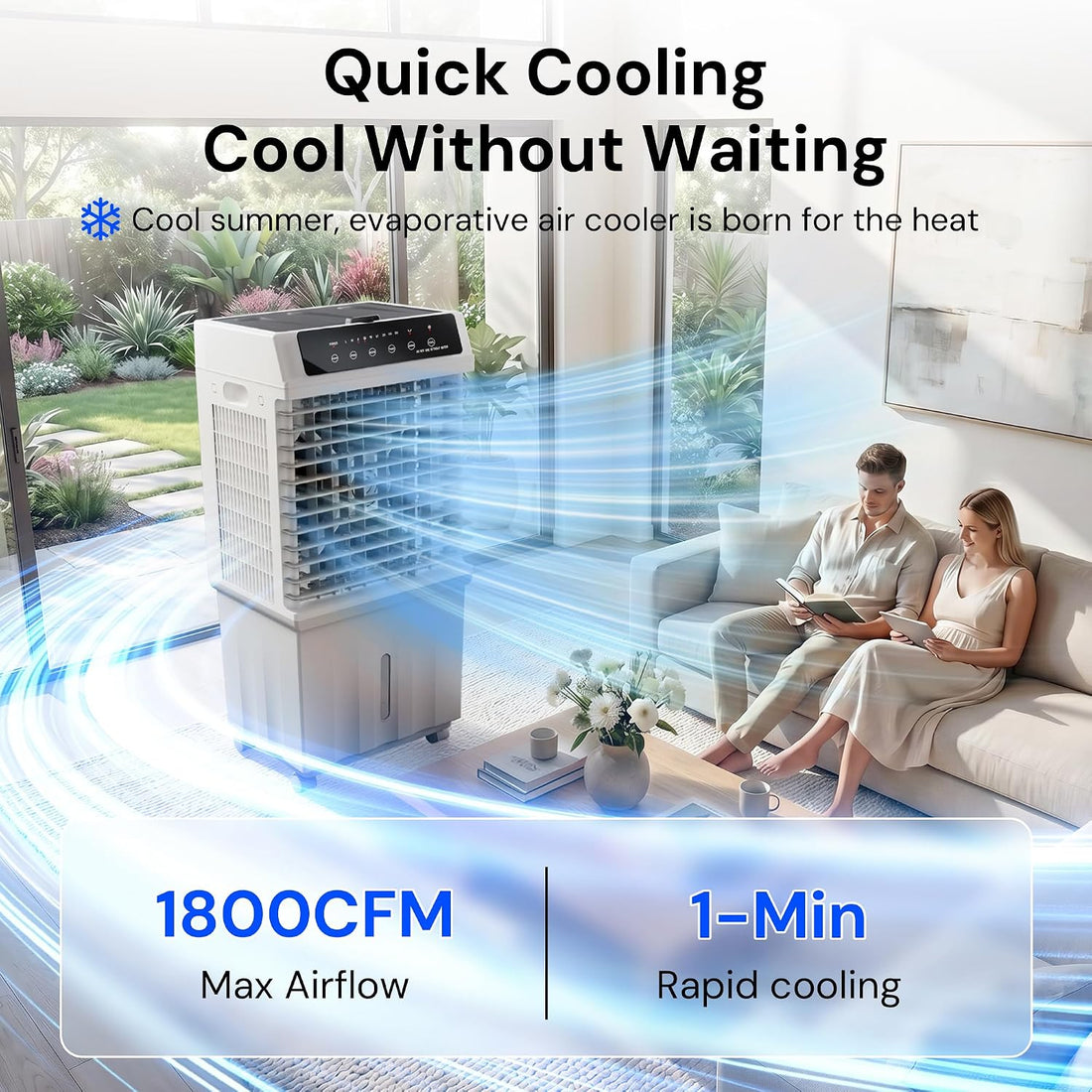 1800 CFM Evaporative Air Cooler — Portable Swamp Cooler with 4 Gal Tank, Ice Packs & Remote