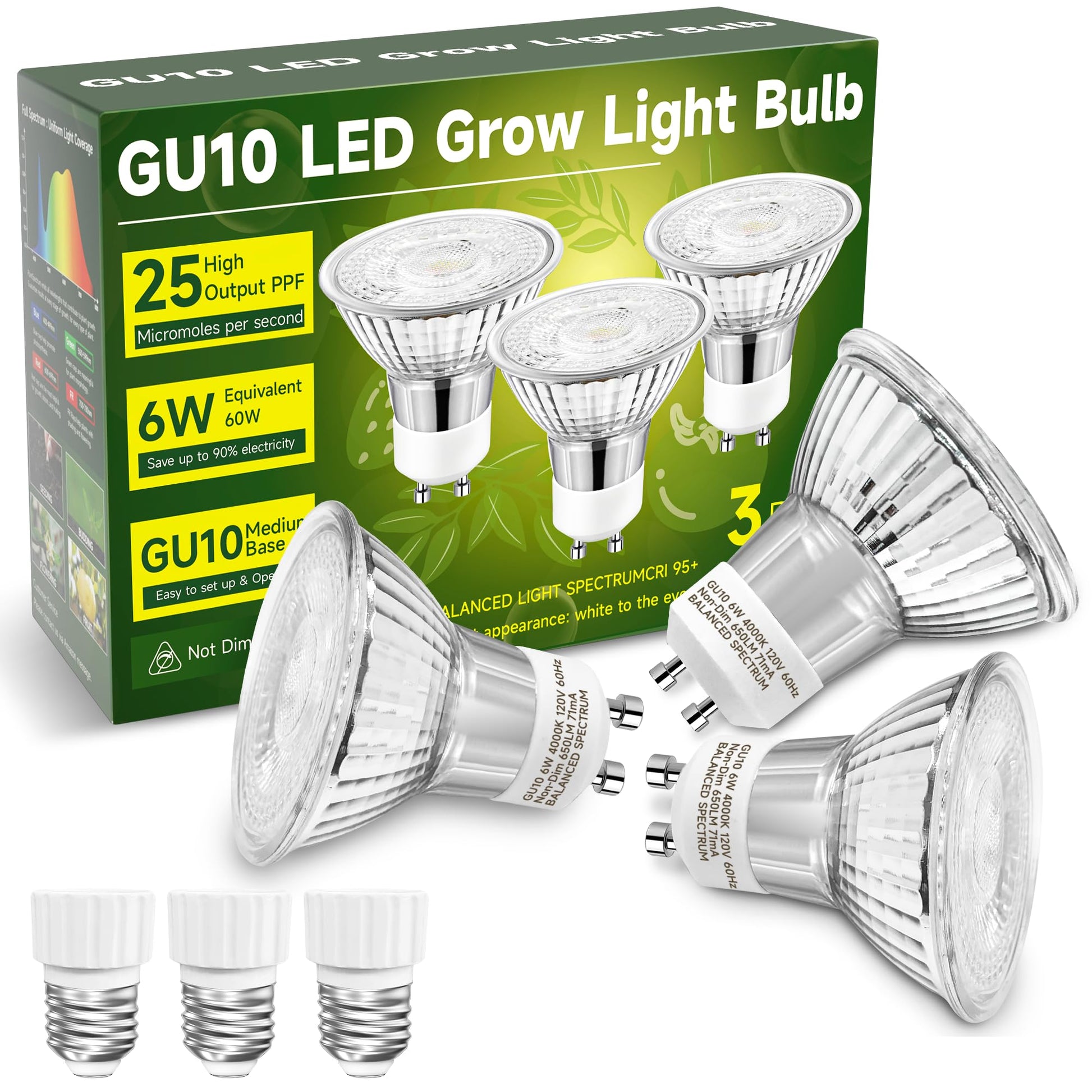 GU10 grow light bulb full spectrum 4000K 6W LED for indoor plants 3-pack glass
