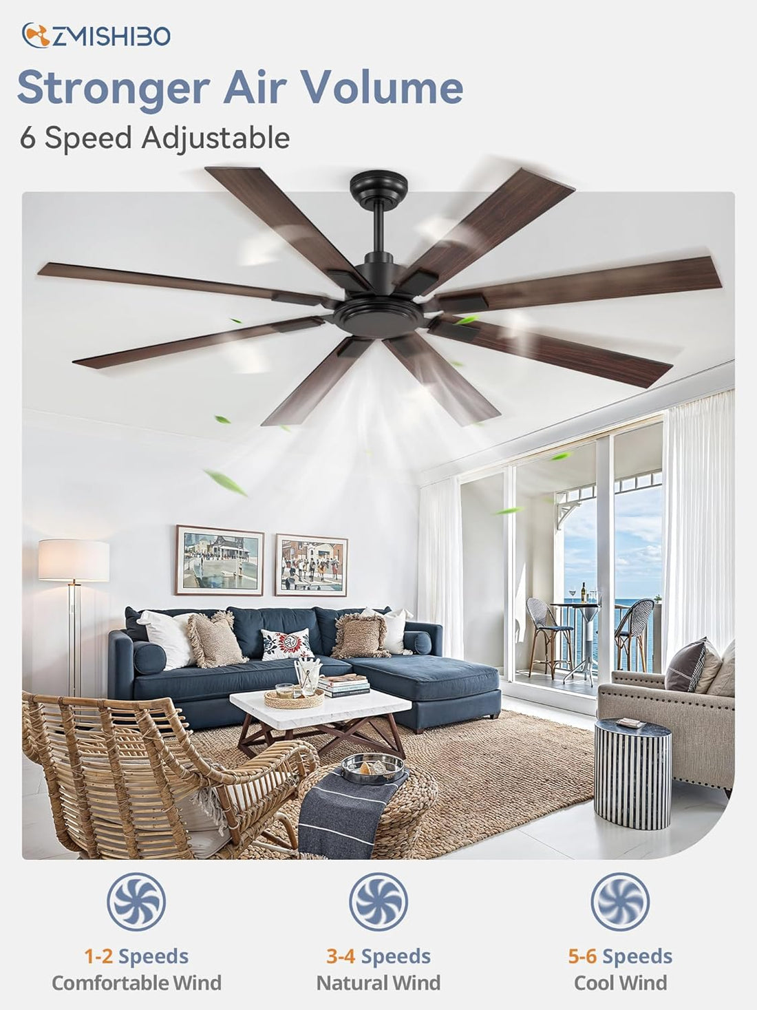 Large ceiling fan no light 8-blade DC motor 6-speed indoor outdoor patio garage — black bronze nickel 52 to 72 inch