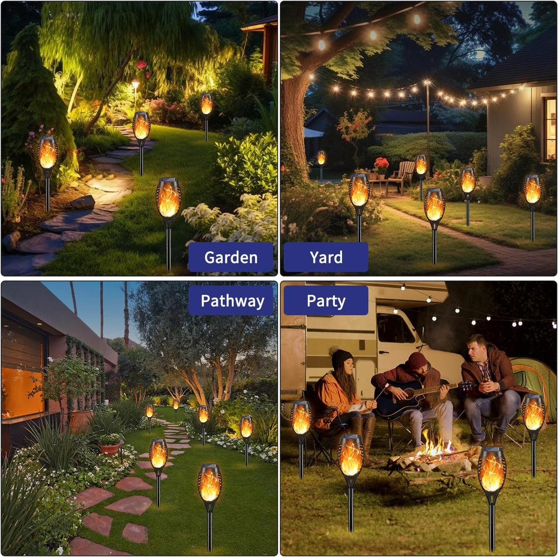 Solar LED torch pathway lights flame effect warm amber outdoor garden — 4, 6, 8 and 12-pack