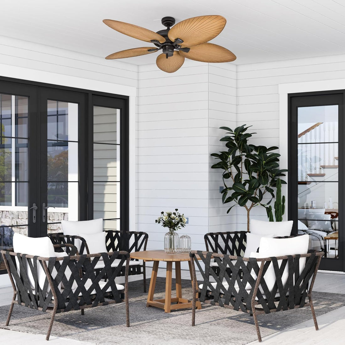 Tropical palm leaf blade ceiling fan no light damp rated indoor outdoor pull chain 52 inch bronze