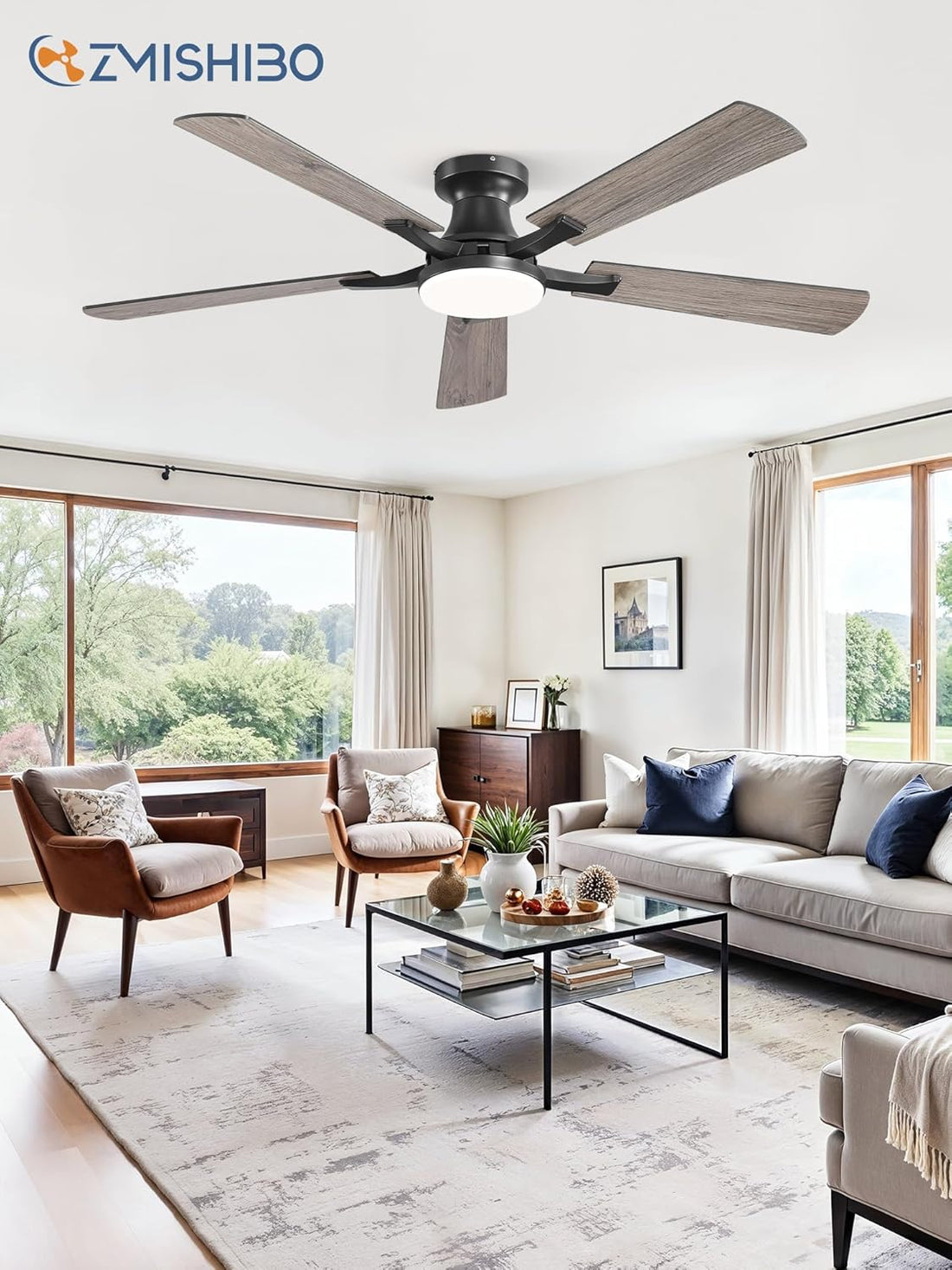 52-inch ceiling fan with LED light dimmable app remote flush mount reversible DC motor — black brown