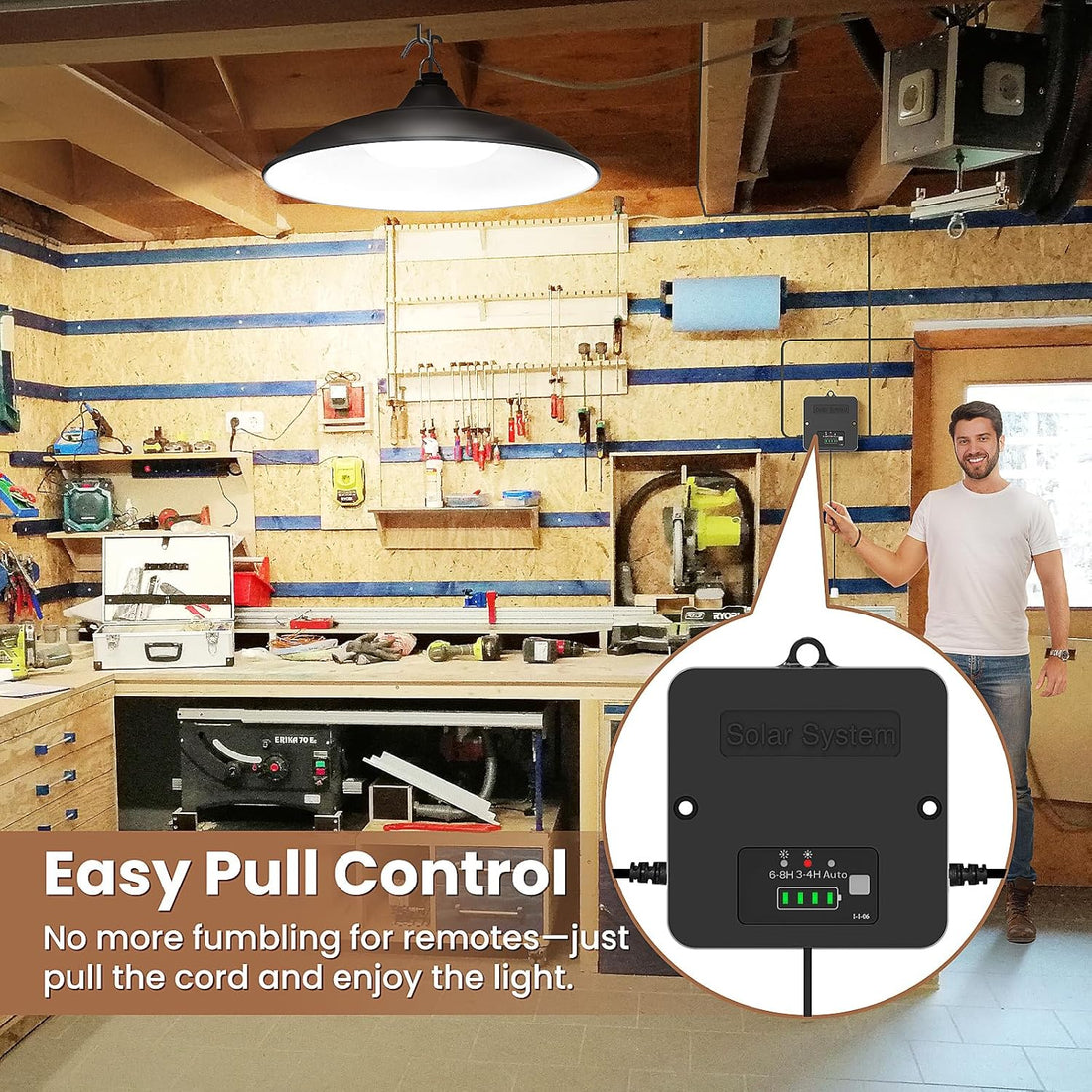 Solar shed garage pendant light indoor outdoor motion sensor IP65 remote control — 1, 2 and 3-pack