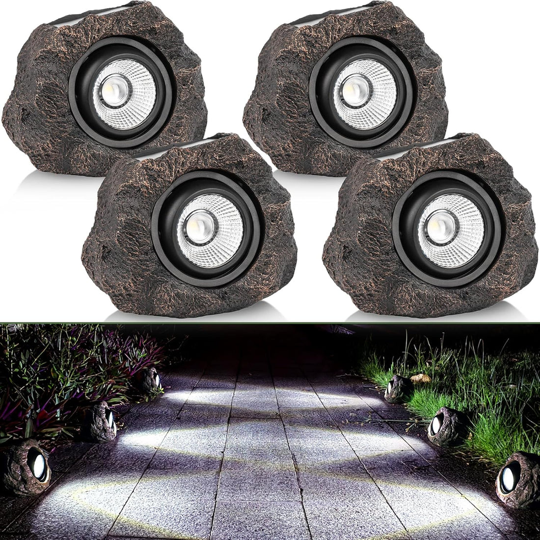 Solar rock garden lights decorative fake stone warm white outdoor — 2, 3 and 5-pack