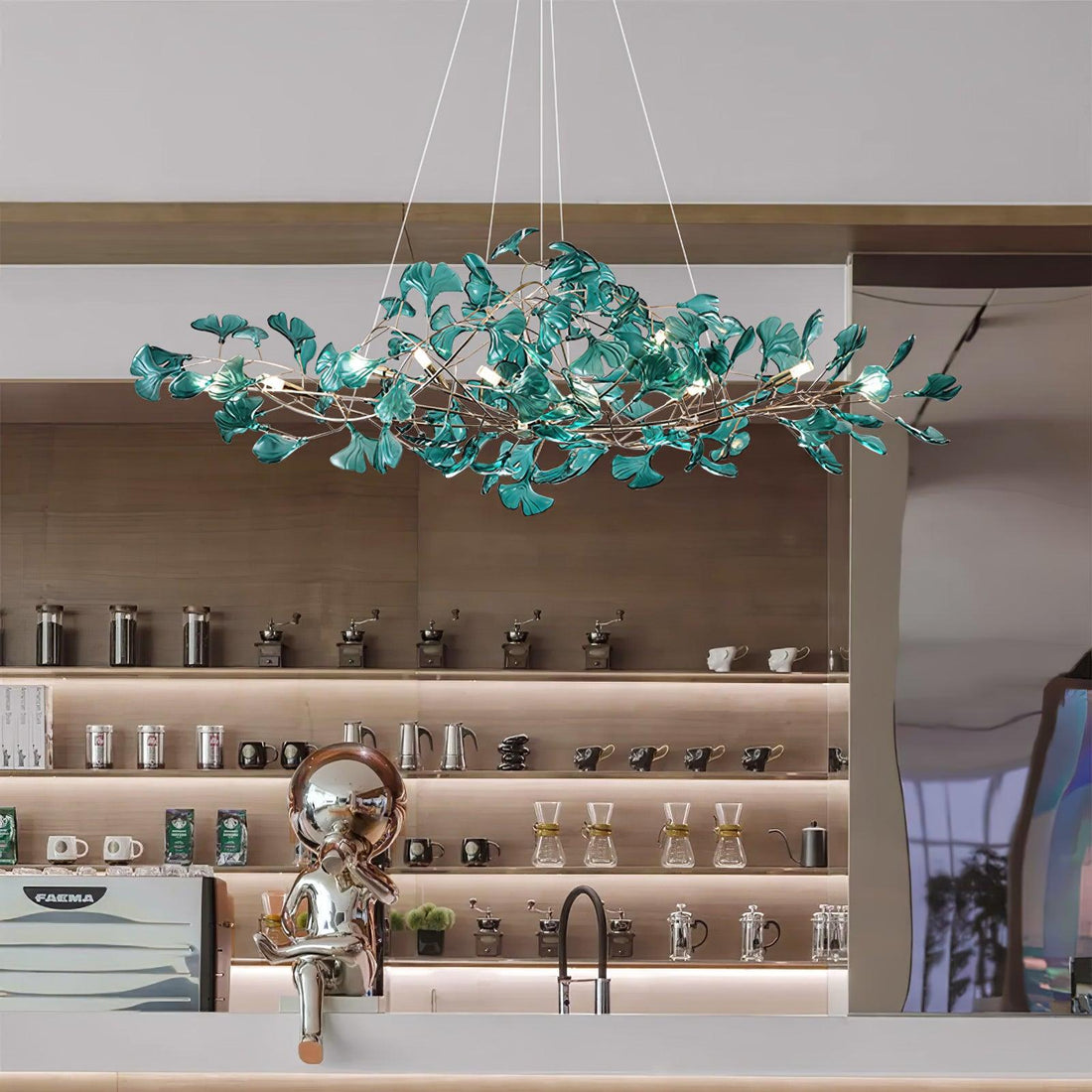 Acrylic ginkgo leaf chandelier gold modern dining room living room — royal blue green coffee