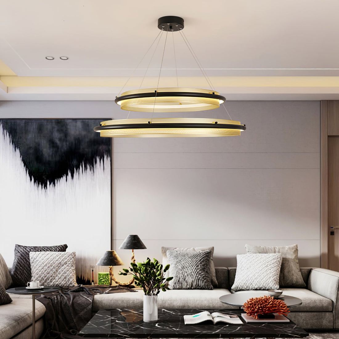 Acrylic LED round chandelier ultra-slim dimmable dining room bedroom — black gold 15 to 39 inch