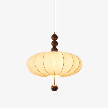 Adelaide fabric pendant light walnut wood beige linen dining room bedroom — 15 to 19 inch
