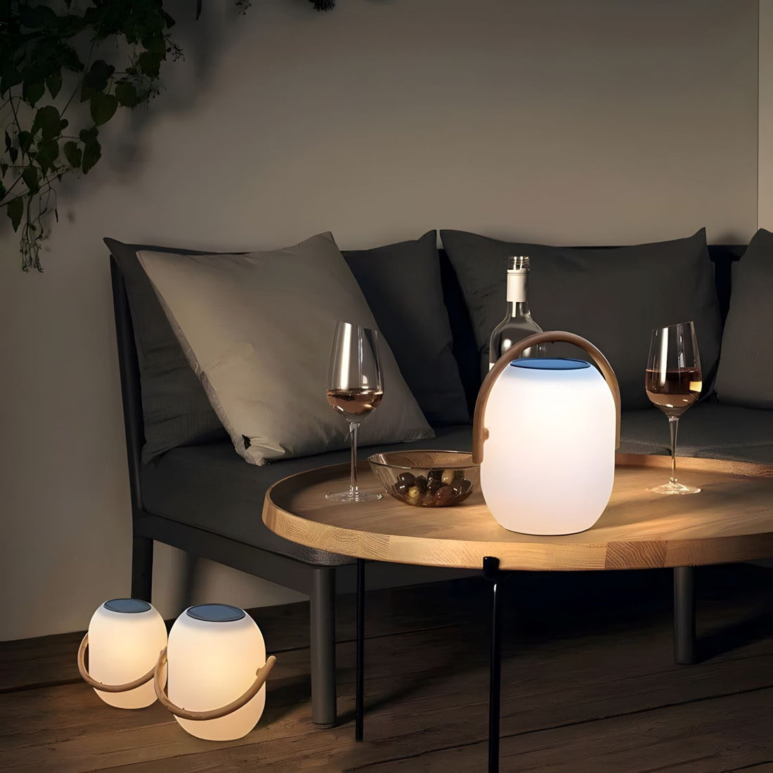 Solar portable outdoor lantern frosted globe warm white gold handle — small large