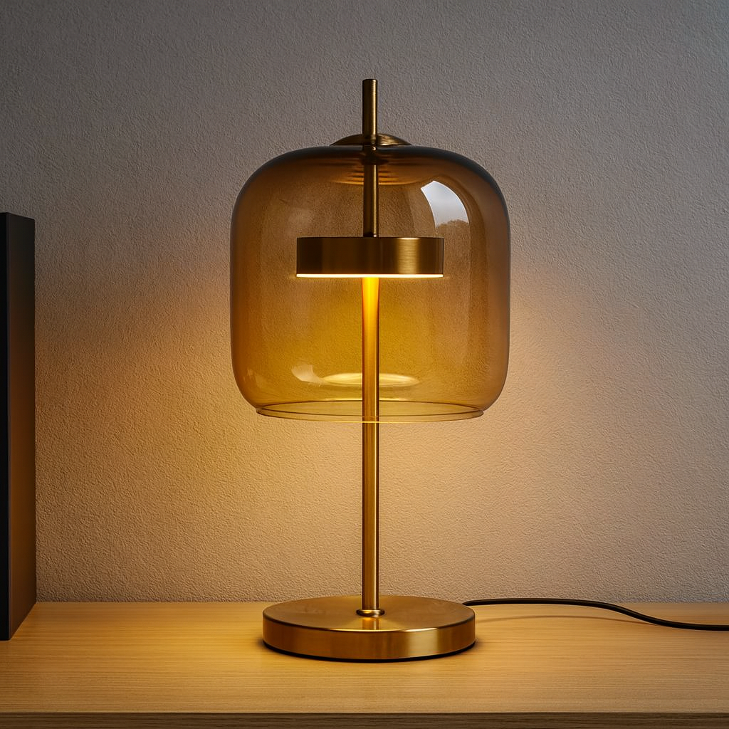 Stained glass table lamp gold iron base dimmable bedside dining room — smoke grey amber transparent