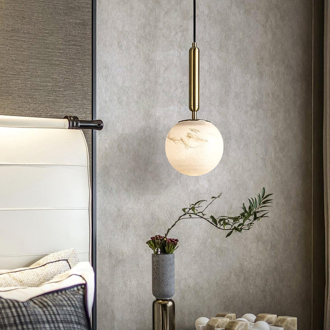 Conical Brass Alabaster Pendant Light Natural Stone Warm LED Dining Room Bedroom — Brass Hardware