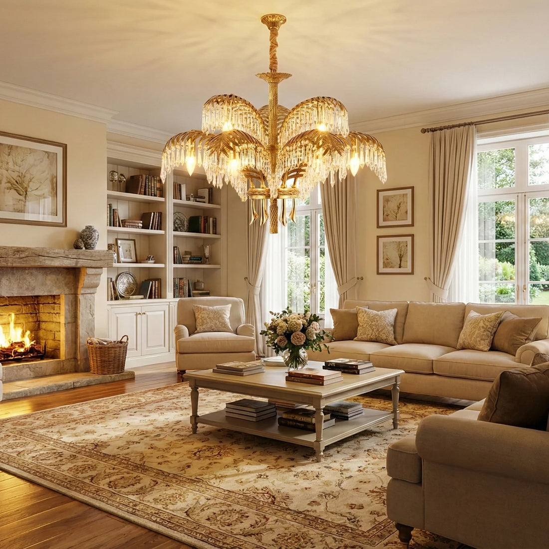 Brass Palm Leaf Crystal Chandelier Luxury Statement Dining Room Living Room — Large Scale