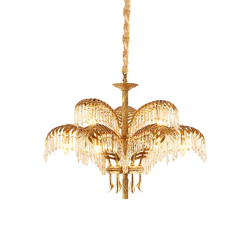 Brass Palm Leaf Crystal Chandelier Luxury Statement Dining Room Living Room — Large Scale