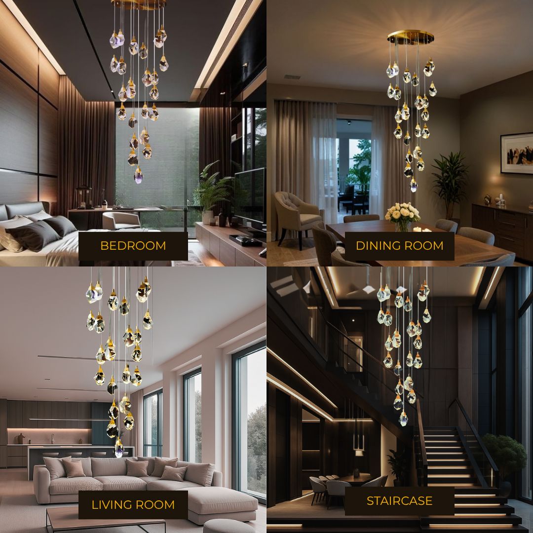 Crystal Rock Grand chandelier dimmable staircase entry living room — 3 to 12 heads gold