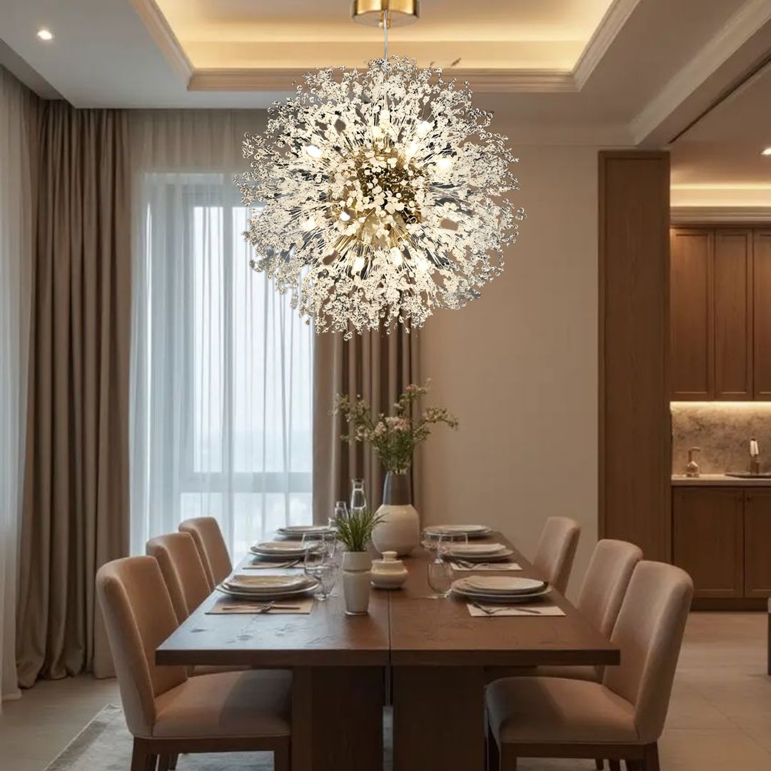 DANDELION crystal bloom chandelier dimmable dining room bedroom — gold silver 15 to 23 inch