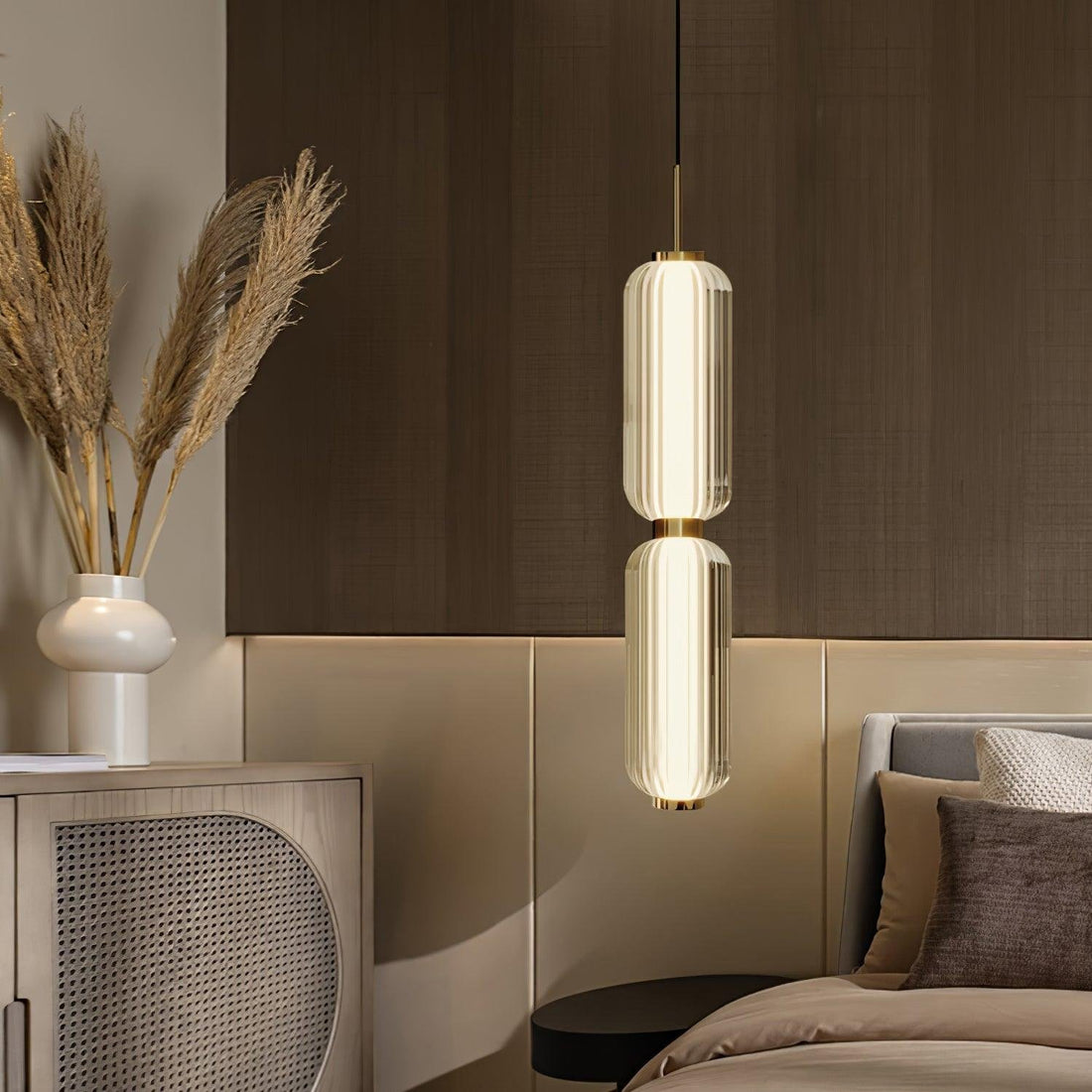 Linear Glass Tube Pendant Light Gold Hardware Warm Cool LED Dining Room Bedroom — 3 Heights