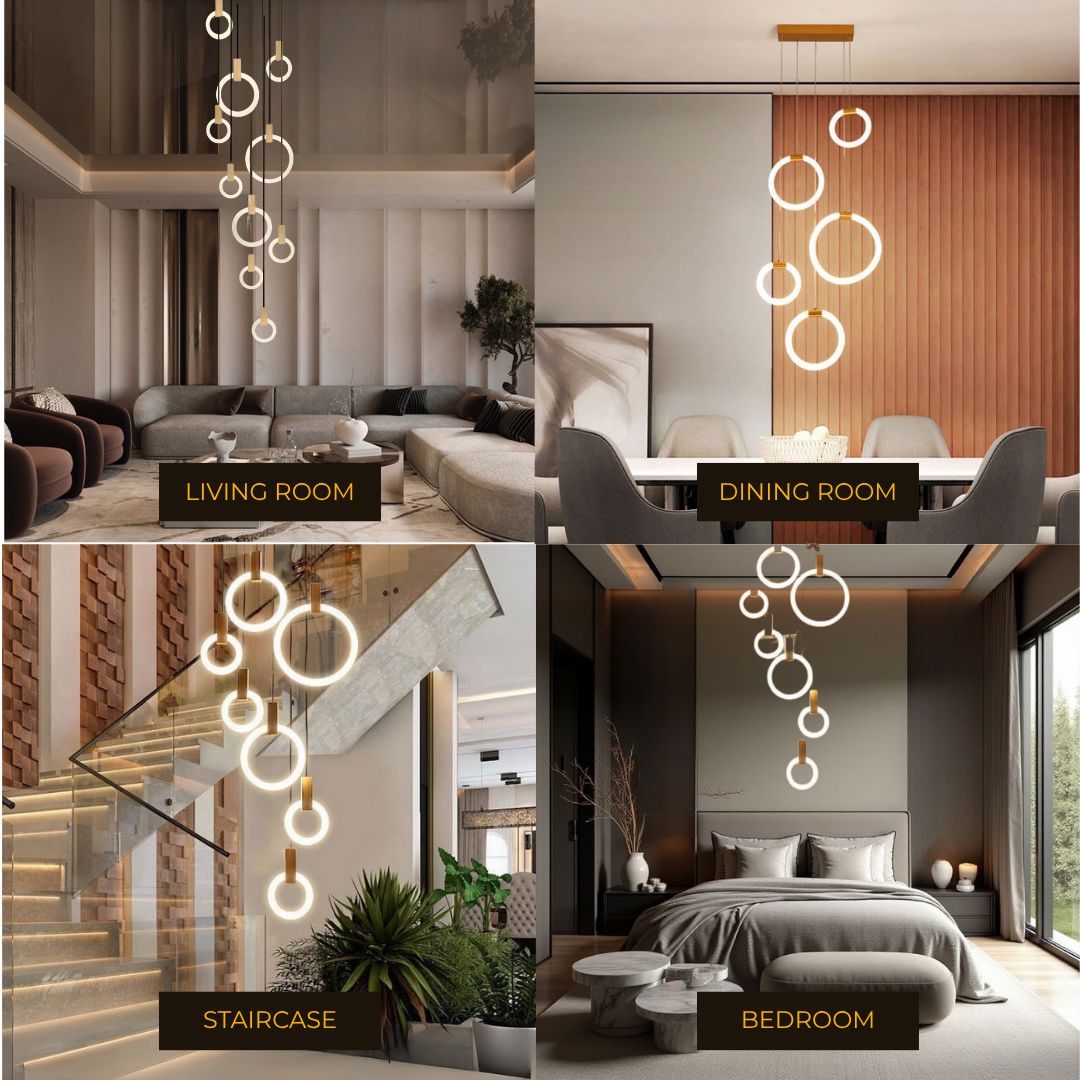 HALO wood ring LED chandelier dimmable dining room living room staircase — 1 to 5 rings