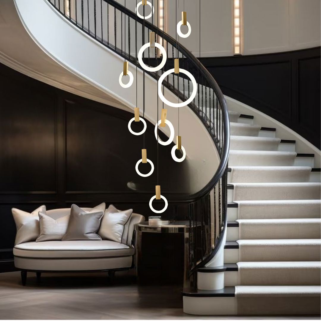 HALO wood ring LED chandelier dimmable dining room living room staircase — 1 to 5 rings