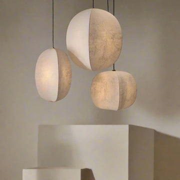 Linen lantern pendant light Japandi style height adjustable dining room bedroom — small medium large