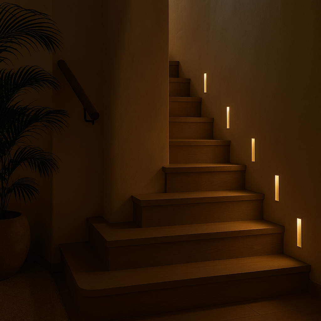 Recessed LED stair step light motion sensor frameless indoor hallway stairs — black white