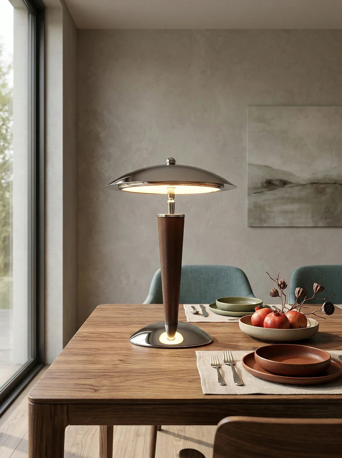 Metal Dome Table Lamp Walnut Chrome Bedside Living Room — Multi Plug Options