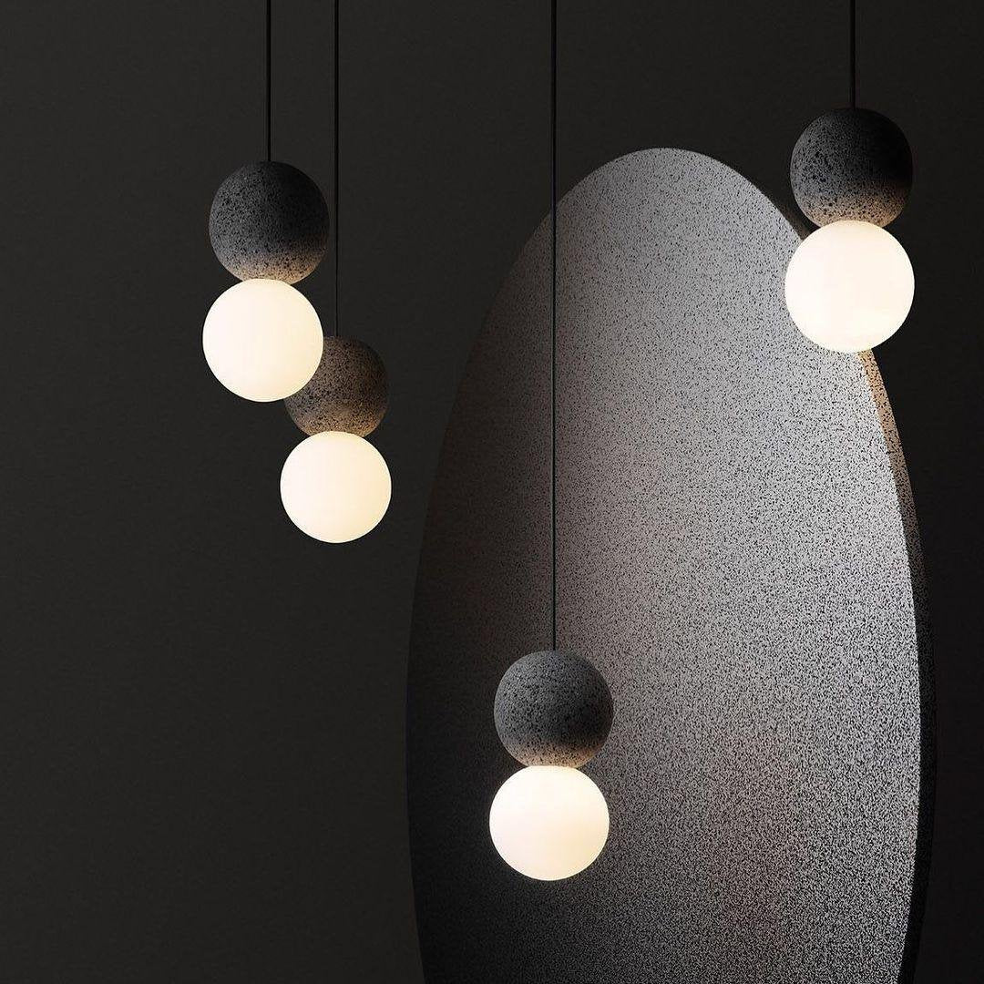 Volcanic Rock Cement Pendant Light G9 LED Opal Glass Artisan Bedroom Living Room — Grey Black