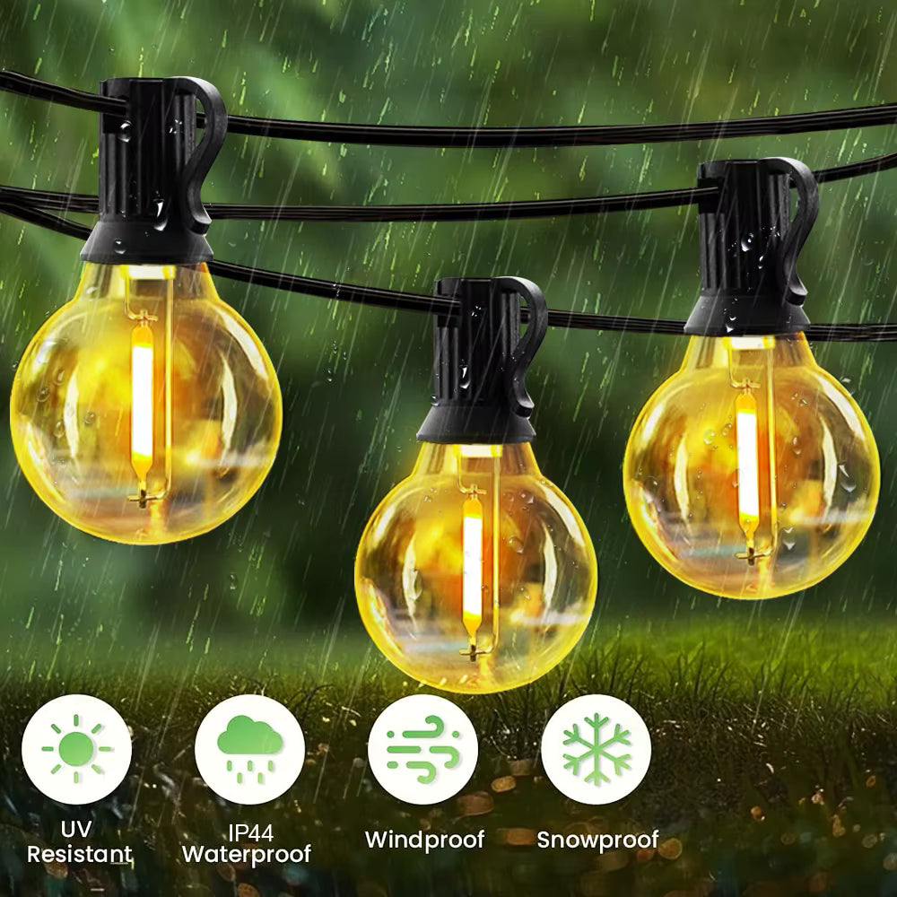 Solar outdoor string lights warm white globe bulbs waterproof patio pergola — 33ft, 66ft and 100ft