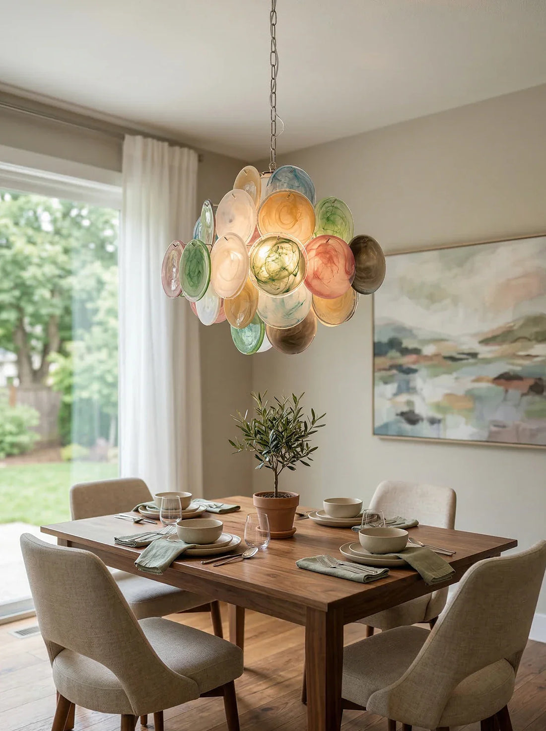 Vintage Murano-Style Multicolor Disk Chandelier Statement Dining Room Living Room — Nickel Gold