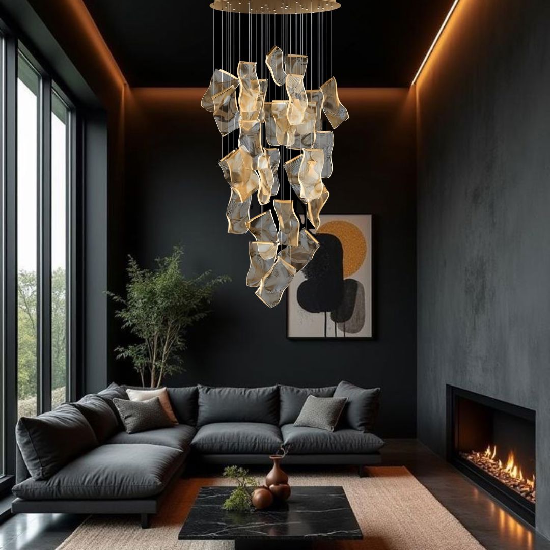ZEPHYR acrylic wave chandelier remote dimmable dining room living room — 6 to 10 lights gold black silver