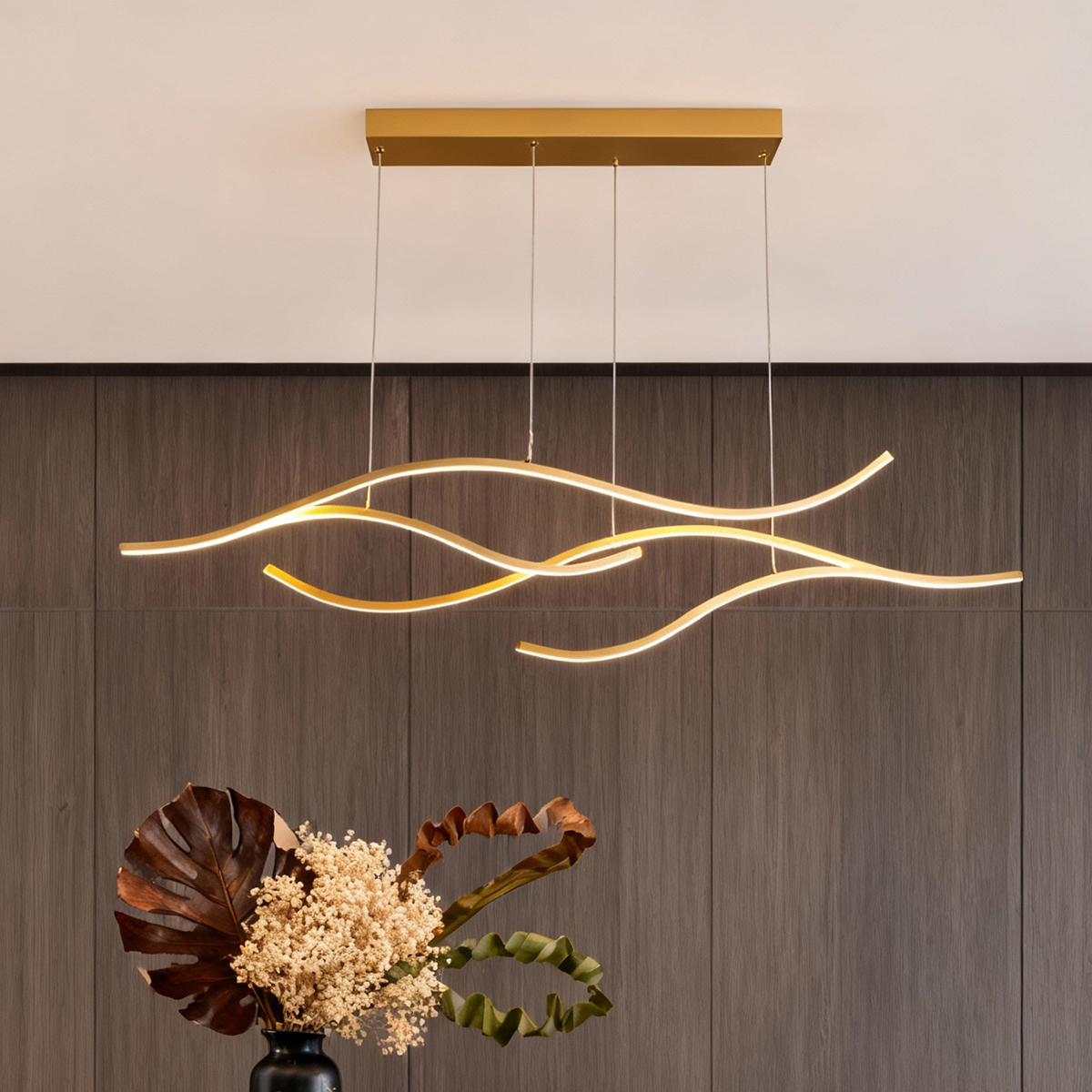 Curved wavy LED pendant light metal dimmable dining room kitchen island — black gold chrome