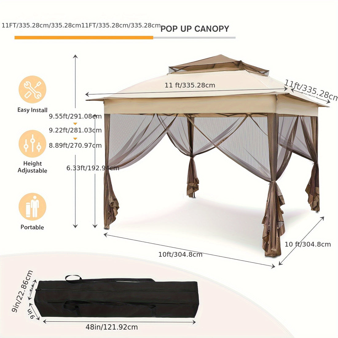 11x11 Instant Pop-Up Gazebo Tent with Mosquito Netting, No-Assembly Outdoor Canopy
