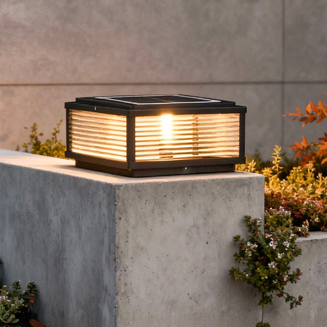 Square ribbed glass outdoor pillar light LED aluminum solar and hardwired — single to sets of 8